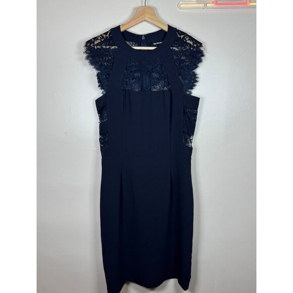 The Kooples Navy Blue Lace Panel Cut Out Crepe Sheath Mini Dress Formal Party S - Picture 1 of 14